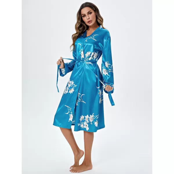 WDIRARA Women's Floral Print Long Sleeve Satin Long Robe Bridesmaid Wedding Party Robe