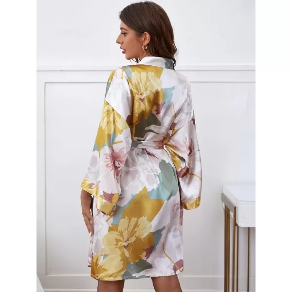 WDIRARA Women's Floral Print Long Sleeve Satin Long Robe Bridesmaid Wedding Party Robe