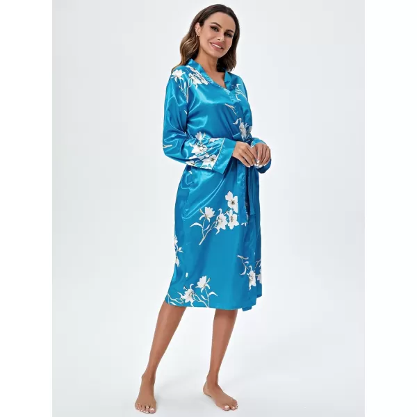 WDIRARA Women's Floral Print Long Sleeve Satin Long Robe Bridesmaid Wedding Party Robe