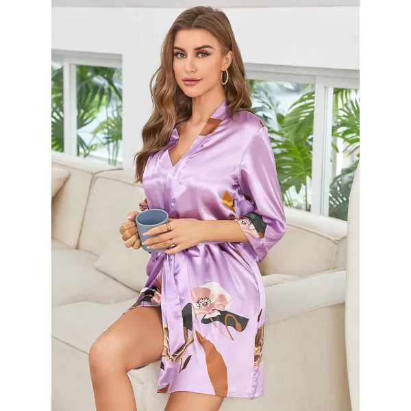 WDIRARA Women's Floral Print Long Sleeve Satin Long Robe Bridesmaid Wedding Party Robe