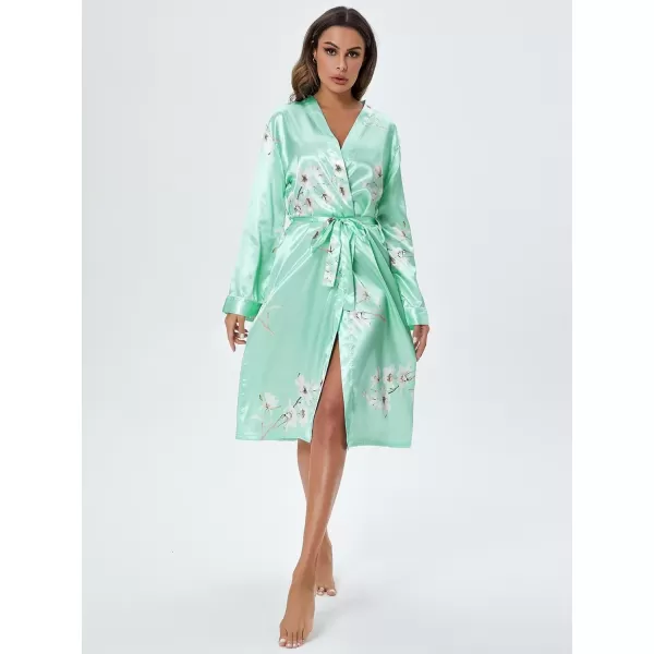 WDIRARA Women's Floral Print Long Sleeve Satin Long Robe Bridesmaid Wedding Party Robe