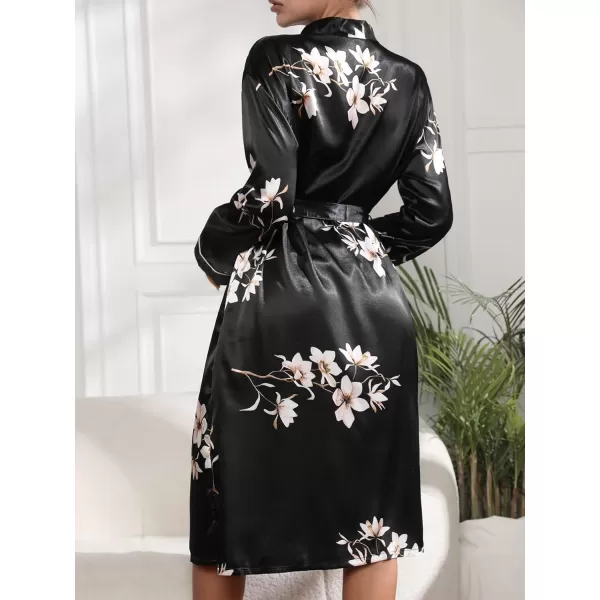 WDIRARA Women's Floral Print Long Sleeve Satin Long Robe Bridesmaid Wedding Party Robe