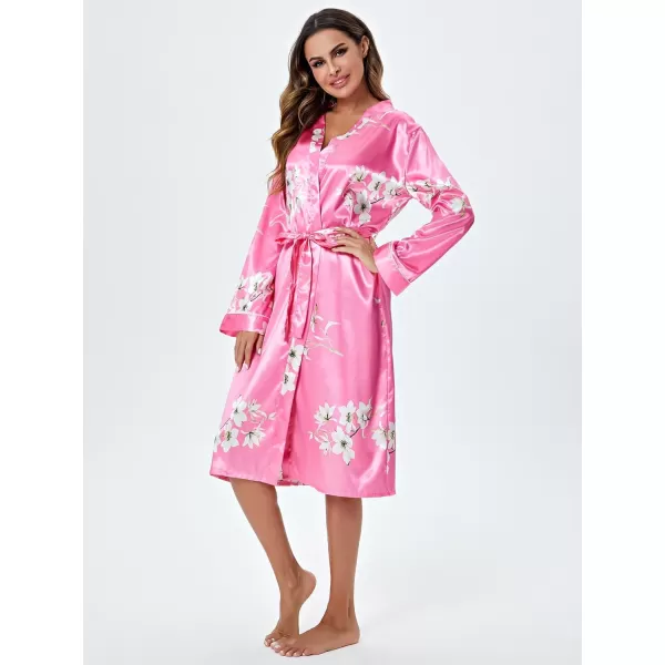 WDIRARA Women's Floral Print Long Sleeve Satin Long Robe Bridesmaid Wedding Party Robe