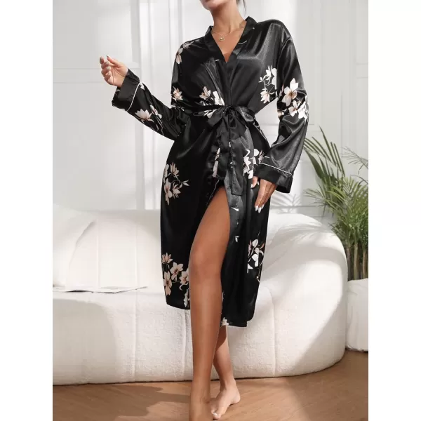 WDIRARA Women's Floral Print Long Sleeve Satin Long Robe Bridesmaid Wedding Party Robe