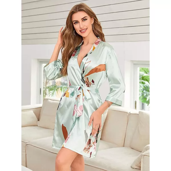 WDIRARA Women's Floral Print Long Sleeve Satin Long Robe Bridesmaid Wedding Party Robe