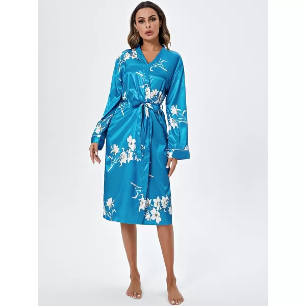 WDIRARA Women's Floral Print Long Sleeve Satin Long Robe Bridesmaid Wedding Party Robe