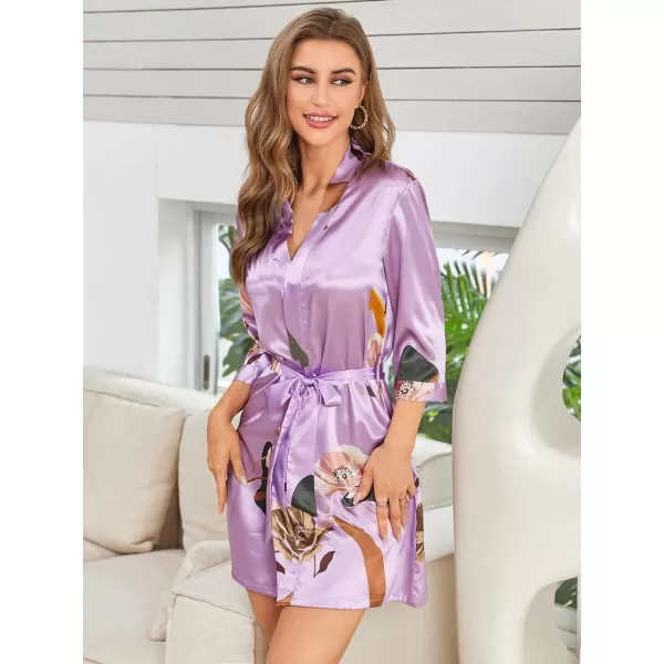 WDIRARA Women's Floral Print Long Sleeve Satin Long Robe Bridesmaid Wedding Party Robe