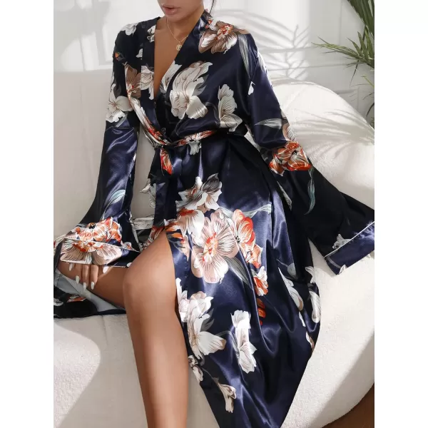 WDIRARA Women's Floral Print Long Sleeve Satin Long Robe Bridesmaid Wedding Party Robe