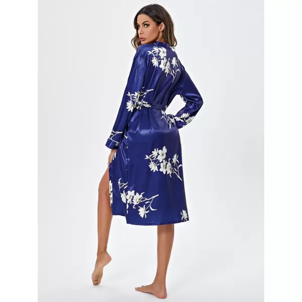 WDIRARA Women's Floral Print Long Sleeve Satin Long Robe Bridesmaid Wedding Party Robe
