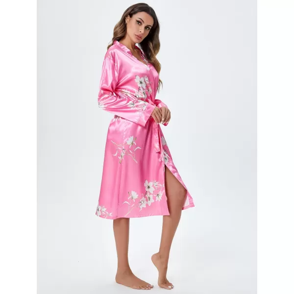 WDIRARA Women's Floral Print Long Sleeve Satin Long Robe Bridesmaid Wedding Party Robe