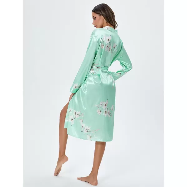 WDIRARA Women's Floral Print Long Sleeve Satin Long Robe Bridesmaid Wedding Party Robe