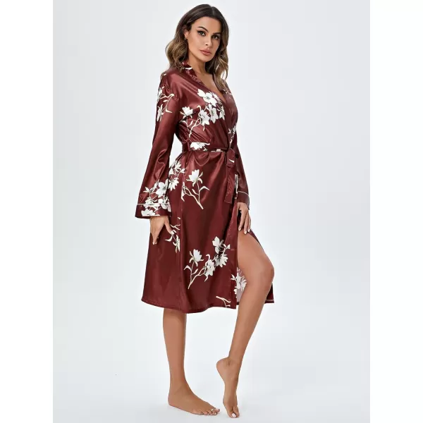 WDIRARA Women's Floral Print Long Sleeve Satin Long Robe Bridesmaid Wedding Party Robe