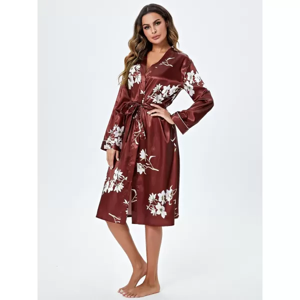 WDIRARA Women's Floral Print Long Sleeve Satin Long Robe Bridesmaid Wedding Party Robe