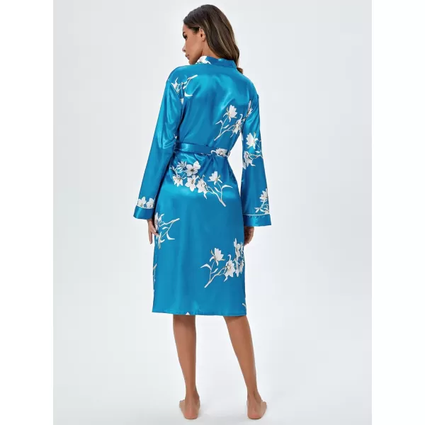 WDIRARA Women's Floral Print Long Sleeve Satin Long Robe Bridesmaid Wedding Party Robe