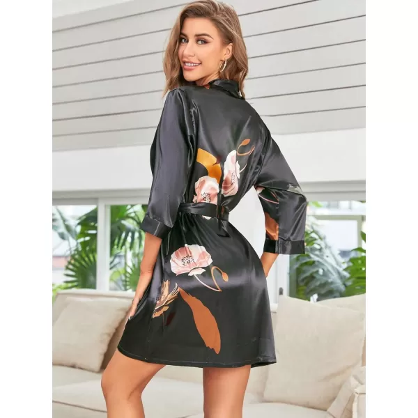 WDIRARA Women's Floral Print Long Sleeve Satin Long Robe Bridesmaid Wedding Party Robe