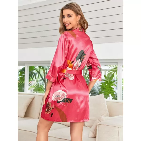 WDIRARA Women's Floral Print Long Sleeve Satin Long Robe Bridesmaid Wedding Party Robe