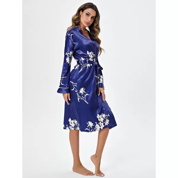 WDIRARA Women's Floral Print Long Sleeve Satin Long Robe Bridesmaid Wedding Party Robe