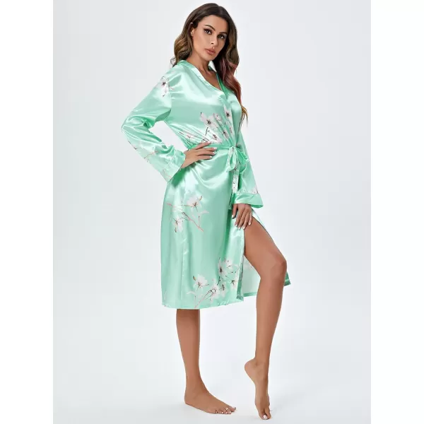 WDIRARA Women's Floral Print Long Sleeve Satin Long Robe Bridesmaid Wedding Party Robe