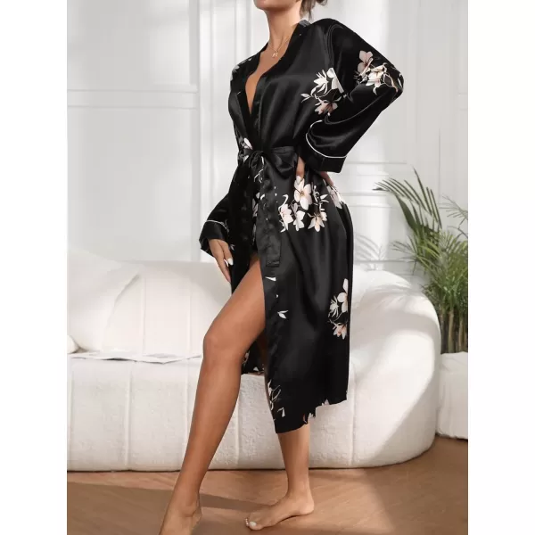 WDIRARA Women's Floral Print Long Sleeve Satin Long Robe Bridesmaid Wedding Party Robe