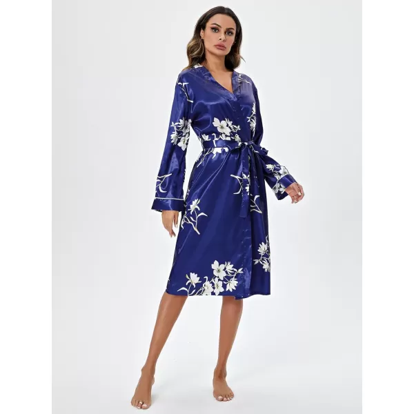 WDIRARA Women's Floral Print Long Sleeve Satin Long Robe Bridesmaid Wedding Party Robe