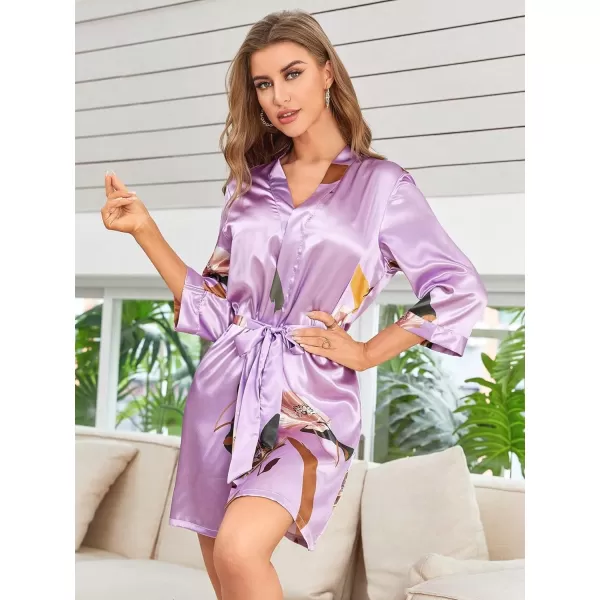 WDIRARA Women's Floral Print Long Sleeve Satin Long Robe Bridesmaid Wedding Party Robe
