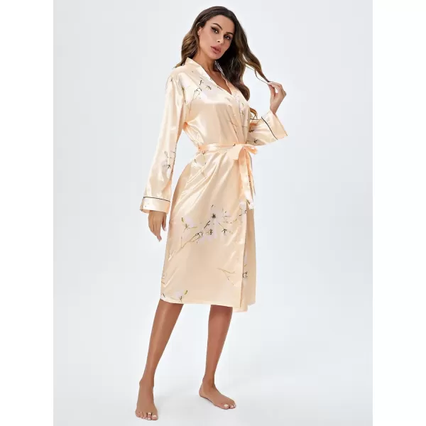 WDIRARA Women's Floral Print Long Sleeve Satin Long Robe Bridesmaid Wedding Party Robe