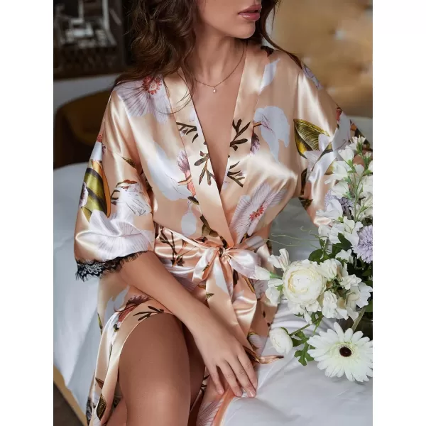 WDIRARA Women's Floral Print Long Sleeve Satin Long Robe Bridesmaid Wedding Party Robe