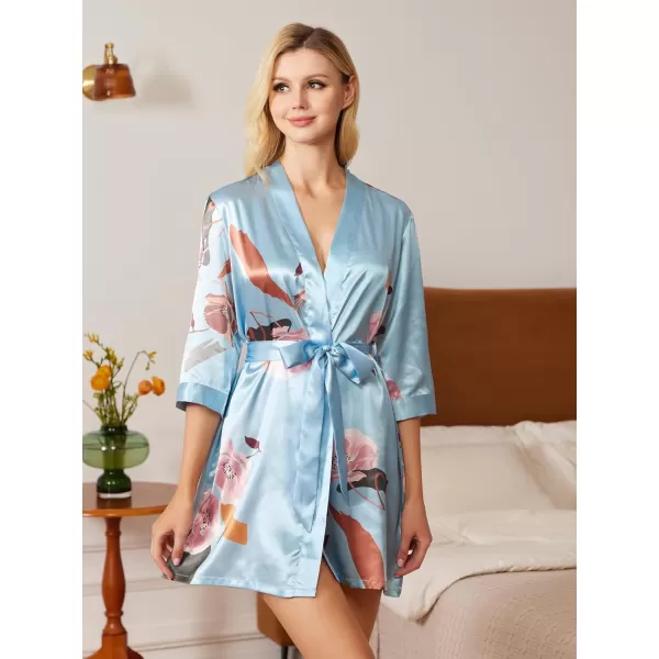 WDIRARA Women's Floral Print Long Sleeve Satin Long Robe Bridesmaid Wedding Party Robe