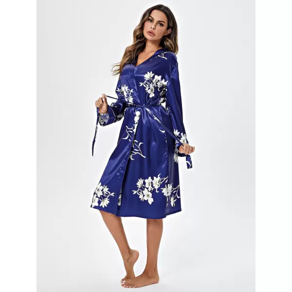 WDIRARA Women's Floral Print Long Sleeve Satin Long Robe Bridesmaid Wedding Party Robe