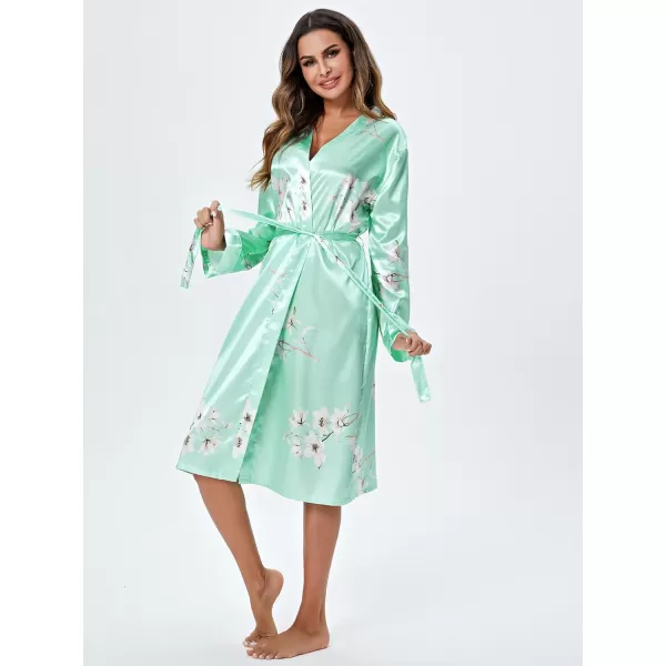 WDIRARA Women's Floral Print Long Sleeve Satin Long Robe Bridesmaid Wedding Party Robe