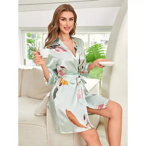 WDIRARA Women's Floral Print Long Sleeve Satin Long Robe Bridesmaid Wedding Party Robe