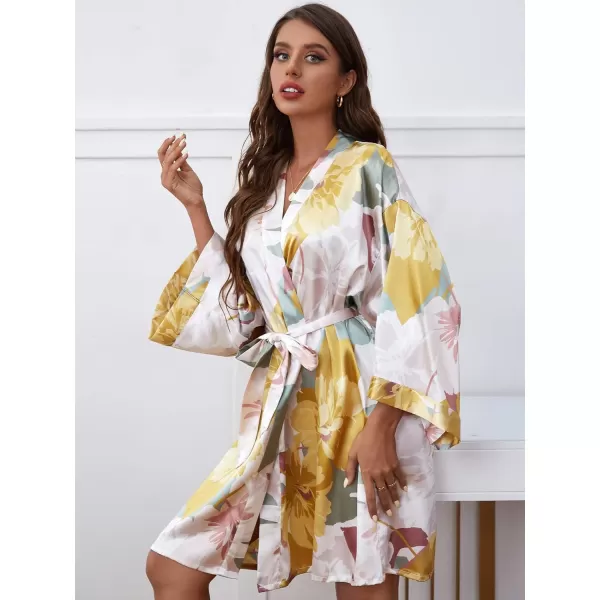 WDIRARA Women's Floral Print Long Sleeve Satin Long Robe Bridesmaid Wedding Party Robe