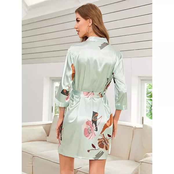 WDIRARA Women's Floral Print Long Sleeve Satin Long Robe Bridesmaid Wedding Party Robe