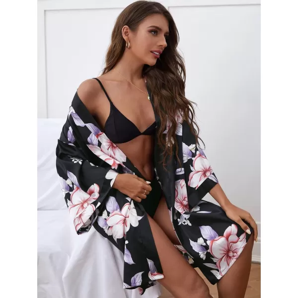 WDIRARA Women's Floral Print Long Sleeve Satin Long Robe Bridesmaid Wedding Party Robe