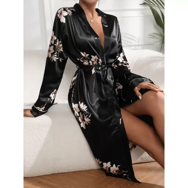 WDIRARA Women's Floral Print Long Sleeve Satin Long Robe Bridesmaid Wedding Party Robe