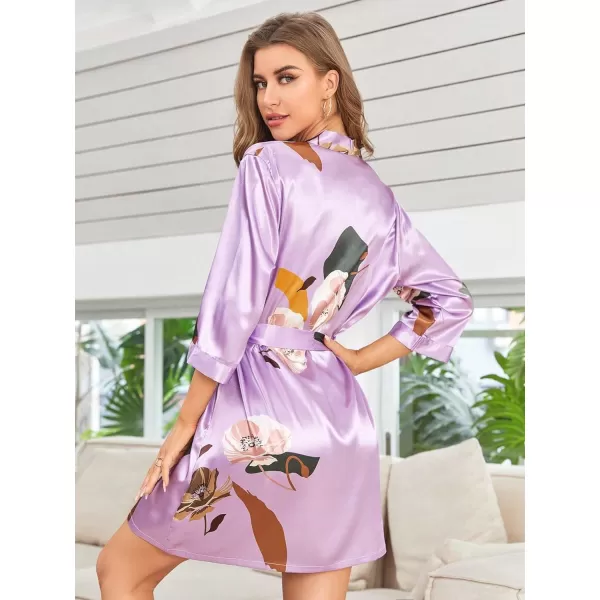 WDIRARA Women's Floral Print Long Sleeve Satin Long Robe Bridesmaid Wedding Party Robe