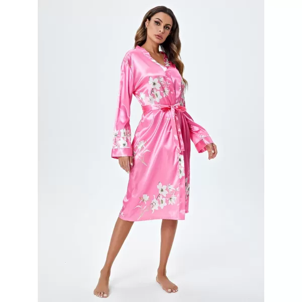 WDIRARA Women's Floral Print Long Sleeve Satin Long Robe Bridesmaid Wedding Party Robe