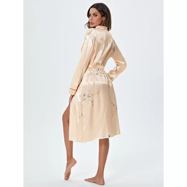 WDIRARA Women's Floral Print Long Sleeve Satin Long Robe Bridesmaid Wedding Party Robe