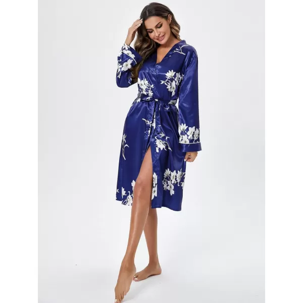 WDIRARA Women's Floral Print Long Sleeve Satin Long Robe Bridesmaid Wedding Party Robe