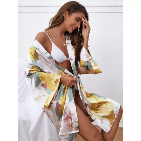 WDIRARA Women's Floral Print Long Sleeve Satin Long Robe Bridesmaid Wedding Party Robe