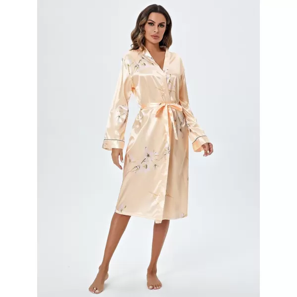 WDIRARA Women's Floral Print Long Sleeve Satin Long Robe Bridesmaid Wedding Party Robe