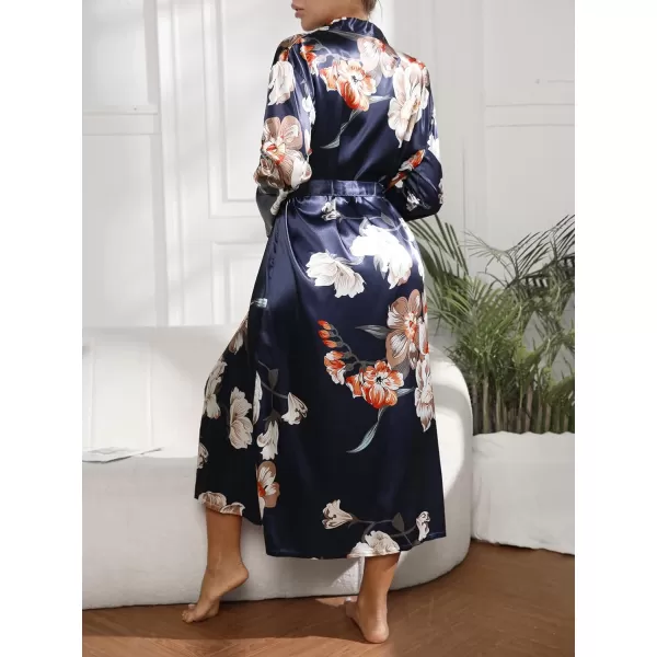 WDIRARA Women's Floral Print Long Sleeve Satin Long Robe Bridesmaid Wedding Party Robe