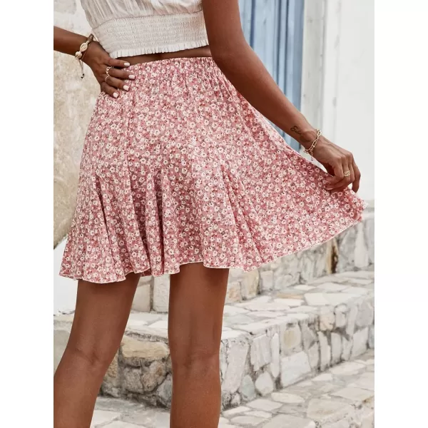 WDIRARA Women's Floral Print Ruffle Hem Elastic High Waist Tie Front Skirt