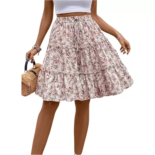 WDIRARA Women's Floral Print Ruffle Hem Elastic High Waist Tie Front Skirt