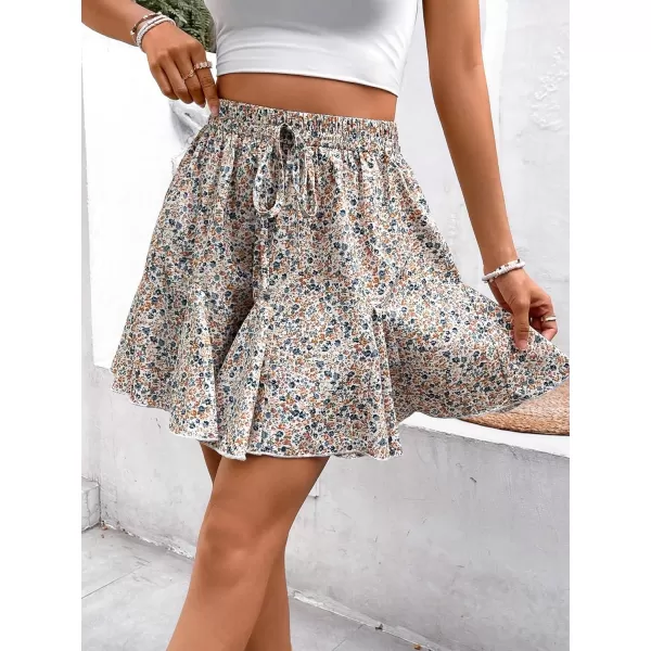 WDIRARA Women's Floral Print Ruffle Hem Elastic High Waist Tie Front Skirt