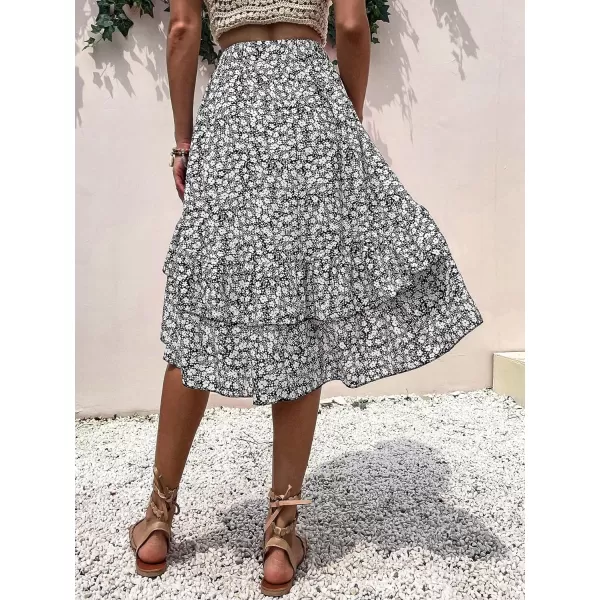 WDIRARA Women's Floral Print Ruffle Hem Elastic High Waist Tie Front Skirt