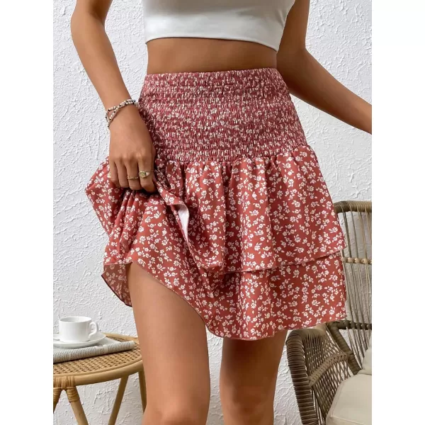 WDIRARA Women's Floral Print Ruffle Hem Elastic High Waist Tie Front Skirt