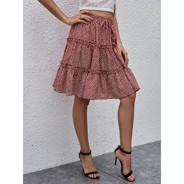WDIRARA Women's Floral Print Ruffle Hem Elastic High Waist Tie Front Skirt