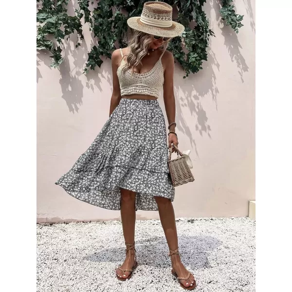 WDIRARA Women's Floral Print Ruffle Hem Elastic High Waist Tie Front Skirt
