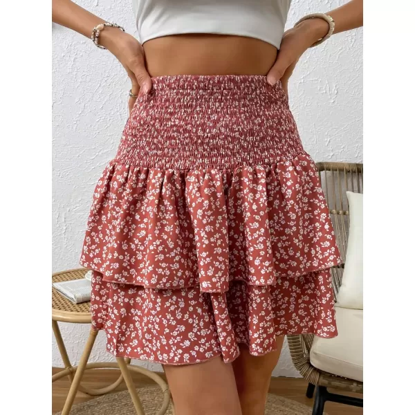 WDIRARA Women's Floral Print Ruffle Hem Elastic High Waist Tie Front Skirt